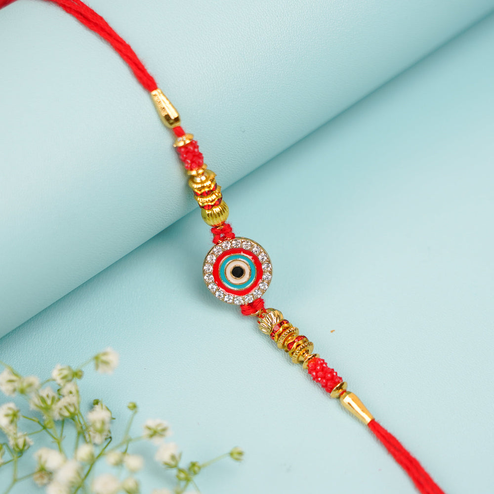 Handmade Red Evil Eye Jadtar Bhaiya Bhabhi Rakhi With Roli Chawal Set Of 2 - Single Rakhi Front View