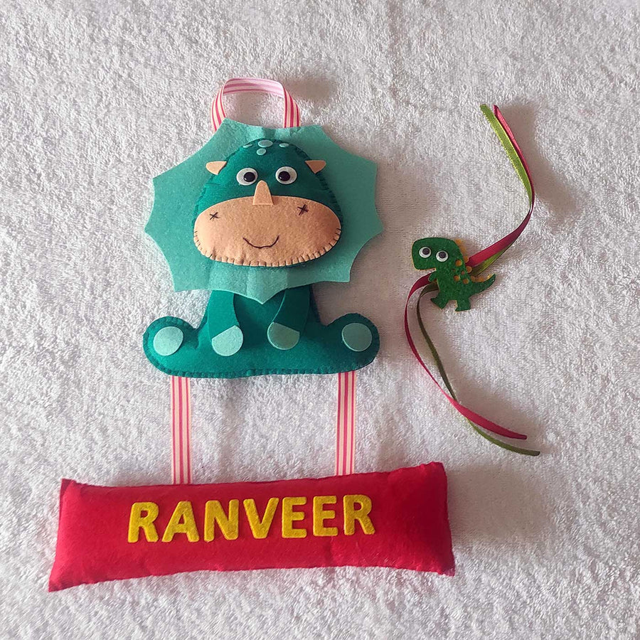 Personalized Handmade Dinosaur Theme Felt Kids Rakhi Name Plate Combo For Brother Set Of 2 - Front View with Personalized Name