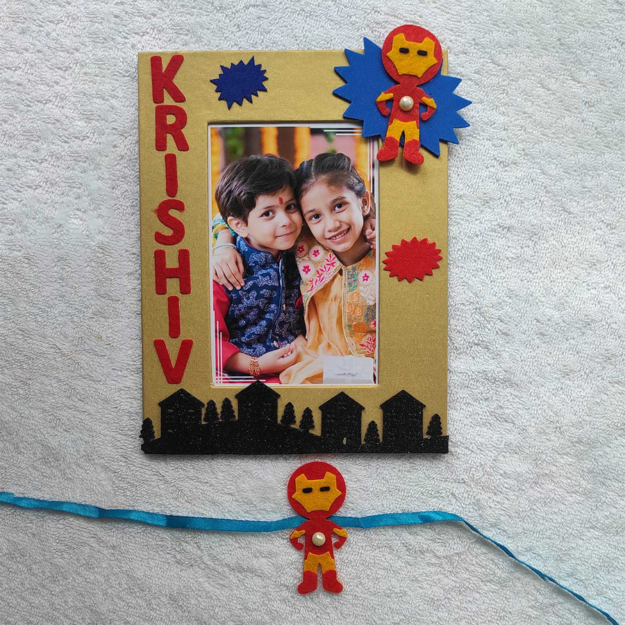 Personalized Handmade Iron Man Theme Felt Kids Rakhi And Photo Frame Combo For Brother Set Of 2 - Photo Frame and Rakhi Set Display