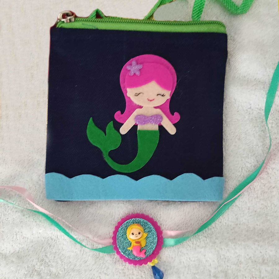 Personalized Handmade Mermaid Theme Felt Kids Rakhi And Sling Bag Combo For Sisters Set Of 2 - Front View with Rakhi