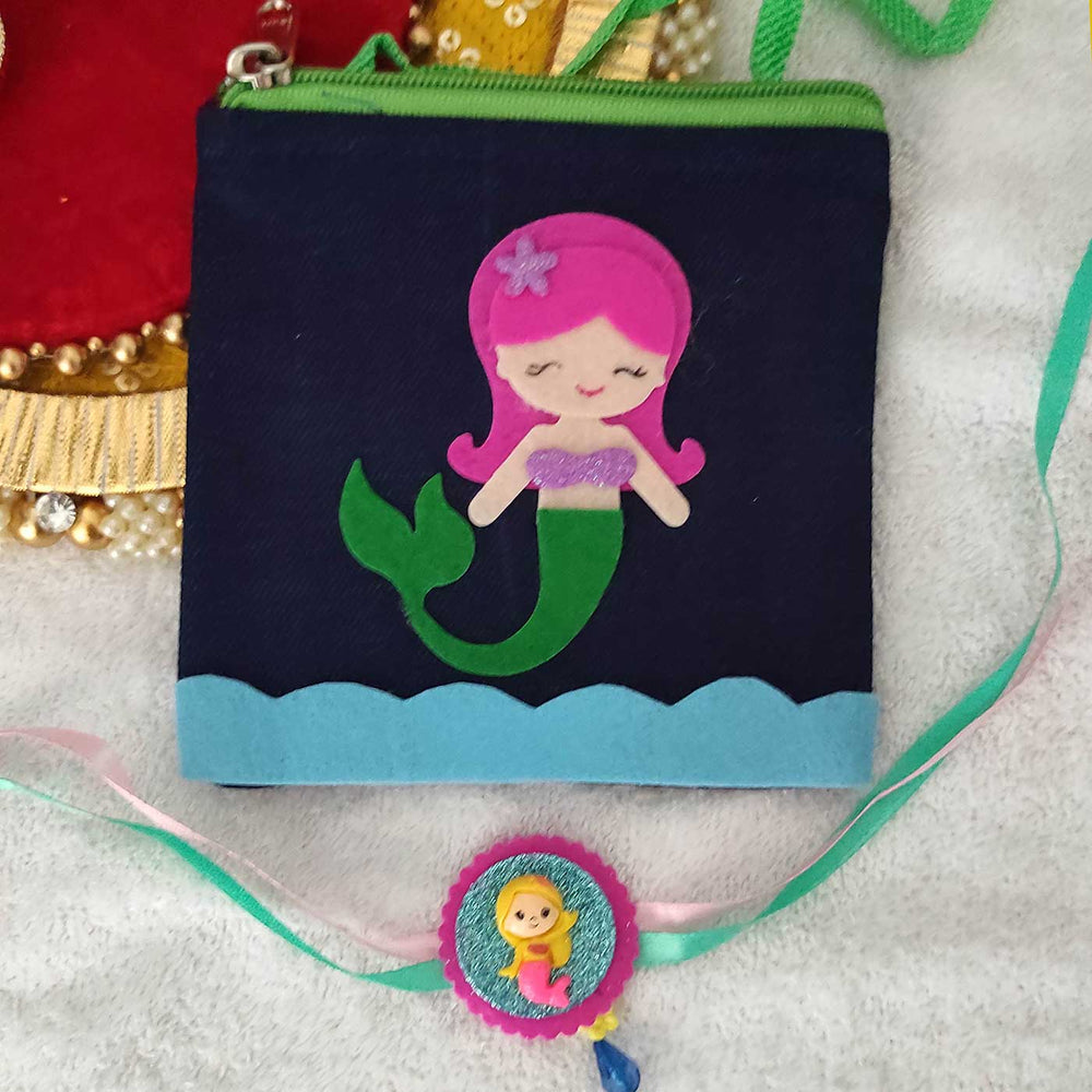 Personalized Handmade Mermaid Theme Felt Kids Rakhi And Sling Bag Combo For Sisters Set Of 2 - Close-up Front View with Rakhi