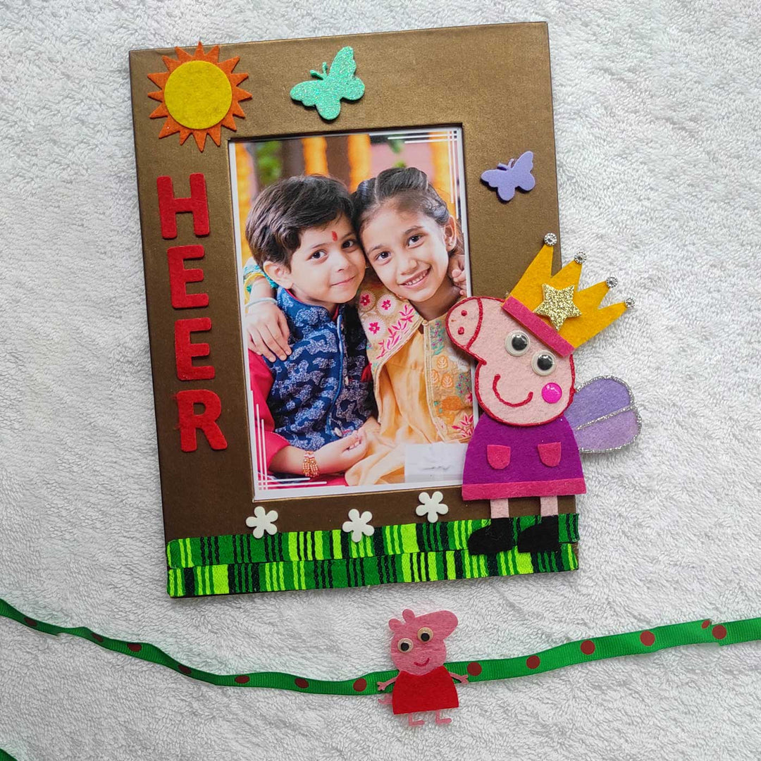 Personalized Handmade Peppa Pig Theme Felt Kids Rakhi And Photo Frame Combo For Kids Set Of 2 - Front View with Decorated Frame