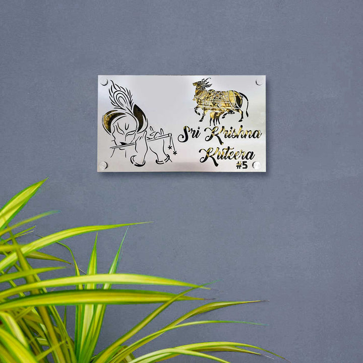 Personalized Waterproof Shree Krisha And Kamadhenu Theme Steel Name Plate - Mounted on Wall Close-up