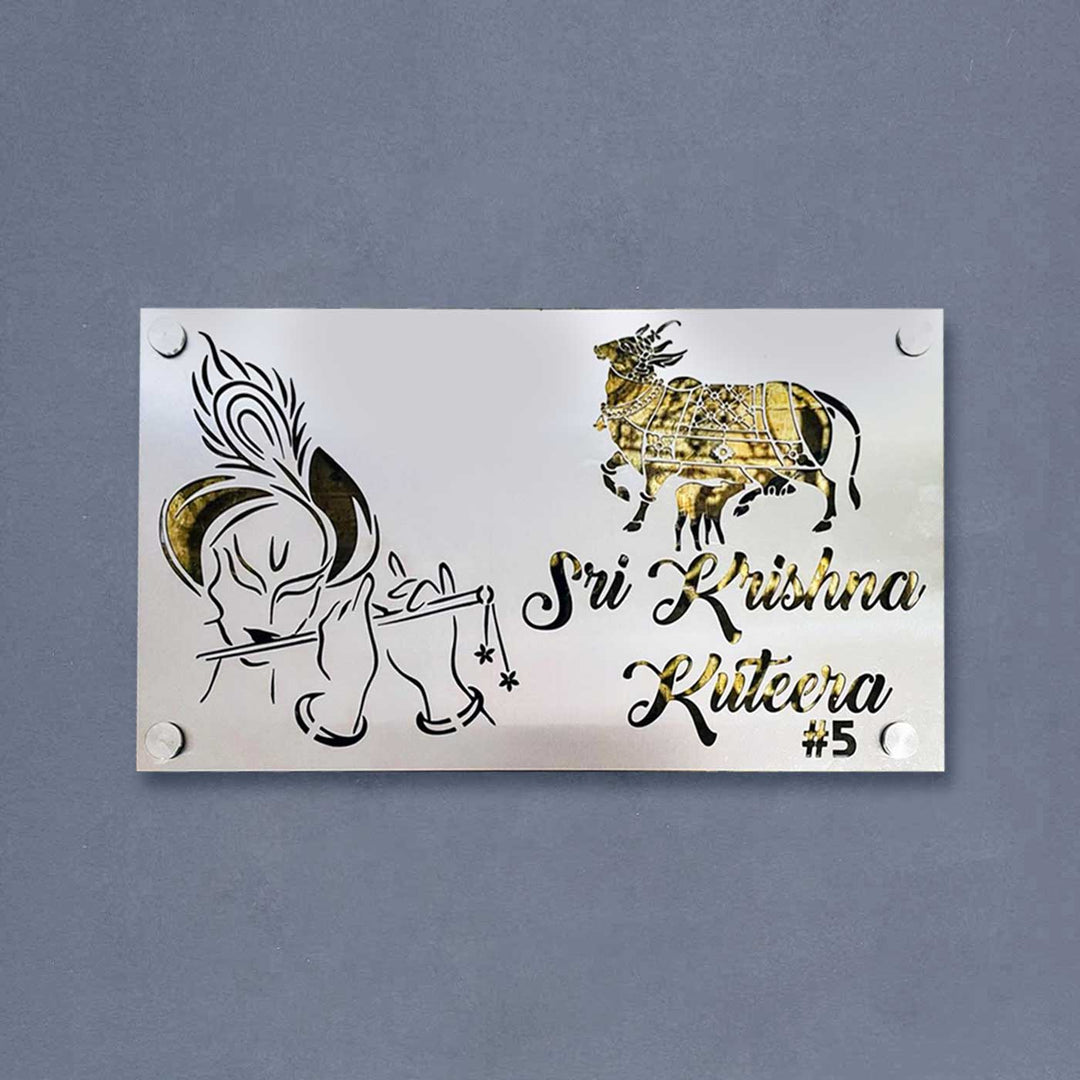 Personalized Waterproof Shree Krisha And Kamadhenu Theme Steel Name Plate - Mounted on Wall with Four Screws