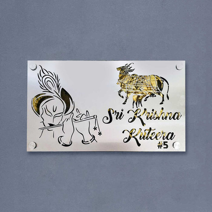 Personalized Waterproof Shree Krisha And Kamadhenu Theme Steel Name Plate - Mounted on Wall with Four Screws