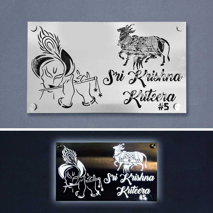 Personalized Waterproof Shree Krisha And Kamadhenu Theme Steel Name Plate - Front View on Wall with Screws