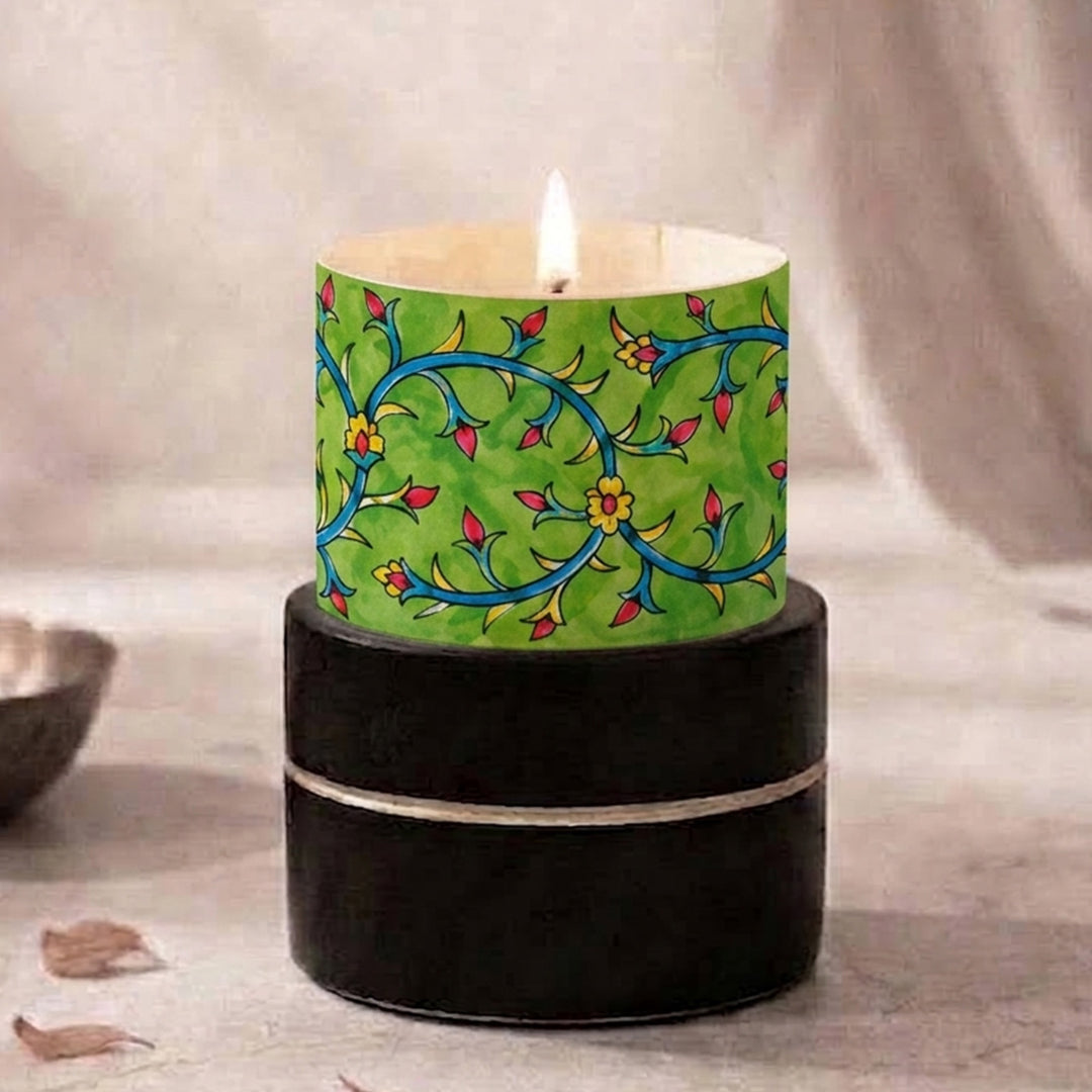 Hand-Painted Green Pottery-Inspired Foliage Parchment Leather Votive Tealight Holder With Channapatna Base