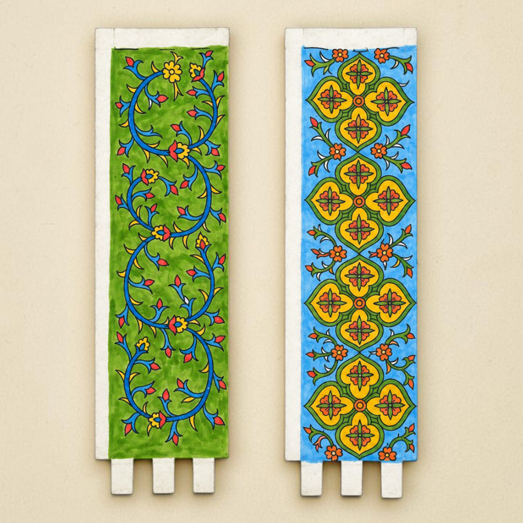 Set of 2 | Hand-Painted Blue & Green Pottery-Inspired Parchment Leather Votive Tealight Covers