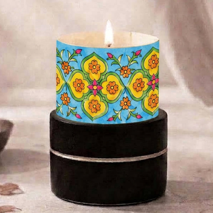 Hand-Painted Blue & Yellow Pottery-Inspired Tiles Parchment Leather Votive Tealight Holder with Channapatna Base