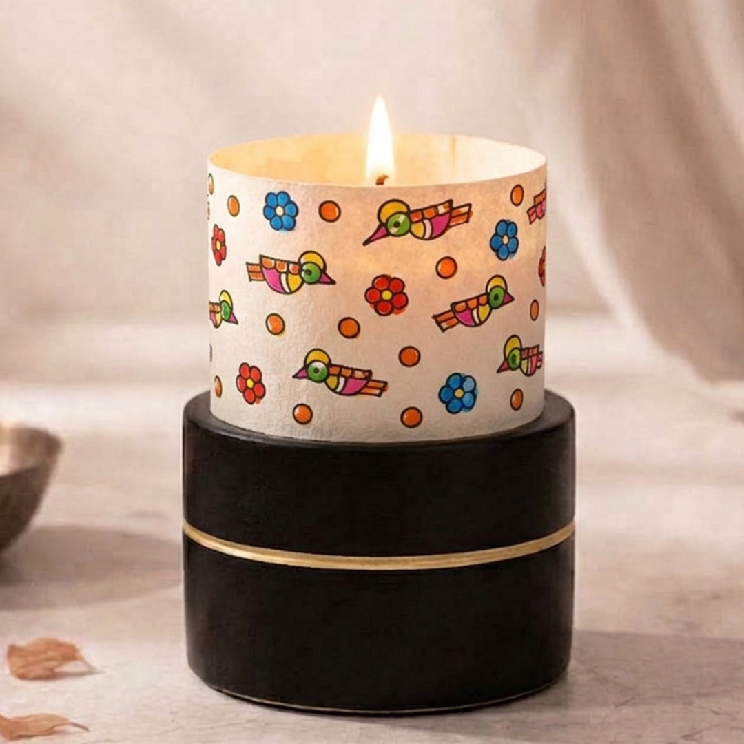 Hand-Painted Madhubani-Inspired Birds Parchment Leather Votive Tealight Holder With Channapatna Base