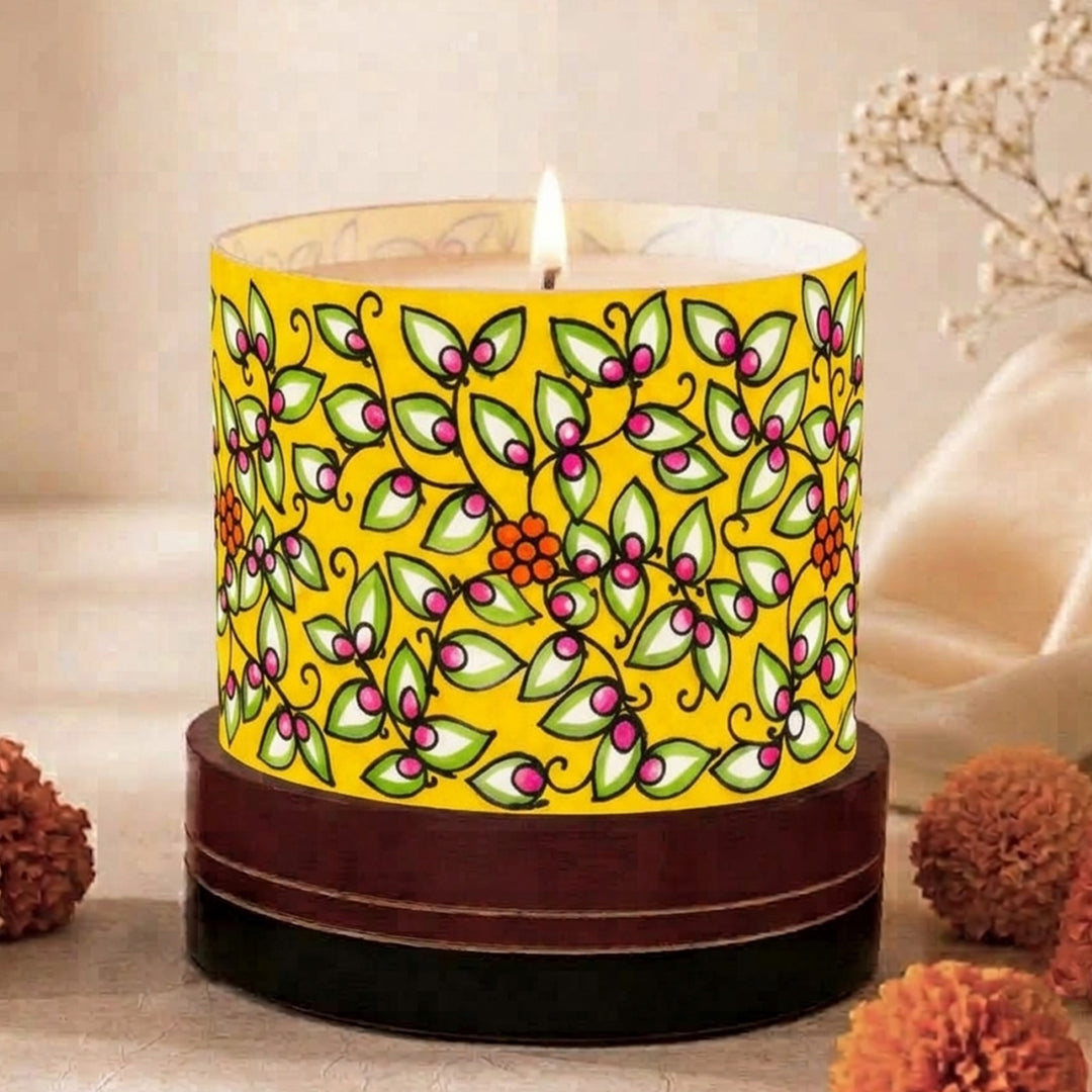 Hand-Painted Yellow Madhubani-Inspired Foliage Parchment Leather Votive Tealight Holder With Channapatna Base