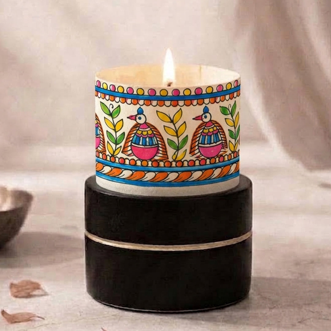 Hand-Painted Madhubani-Inspired Peacock Parchment Leather Votive Tealight Holder With Channapatna Base
