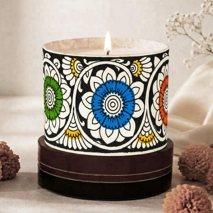 Hand-Painted Tholu Bloom White Parchment Leather Votive Tealight Holder With Channapatna Base