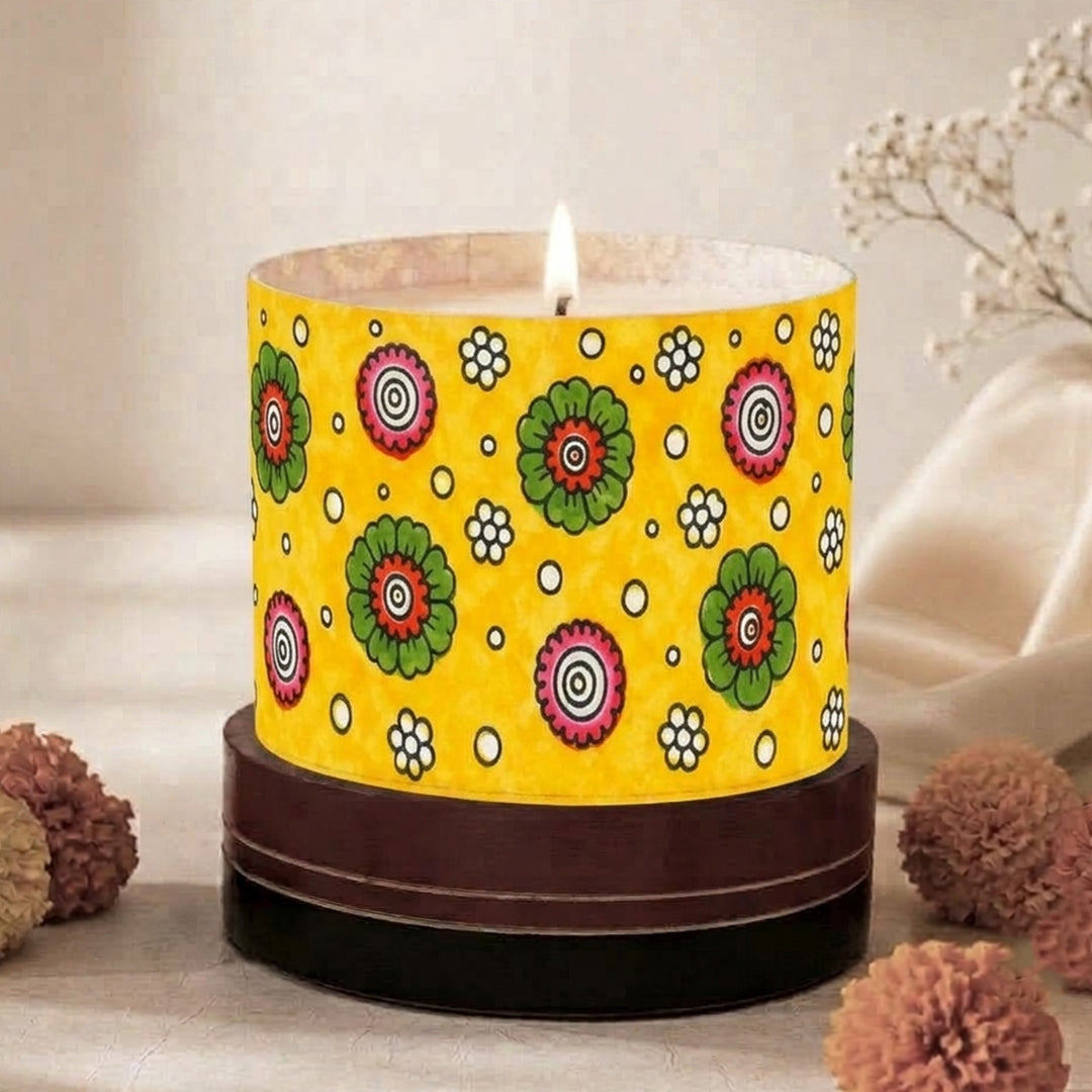 Hand-Painted Tholu Yellow Floral Parchment Leather Votive Tealight Holder With Channapatna Base