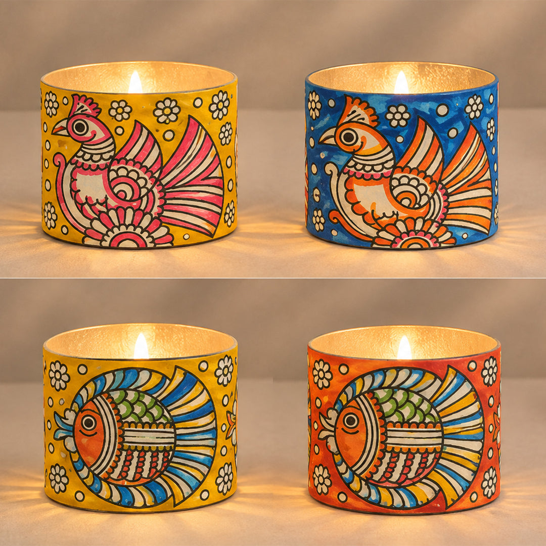 Set of 2 | Hand-Painted Tholu Fish & Peacock Parchment Leather Votive Tealight Covers