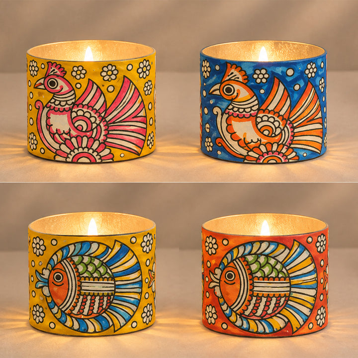 Set of 2 | Hand-Painted Tholu Fish & Peacock Parchment Leather Votive Tealight Covers