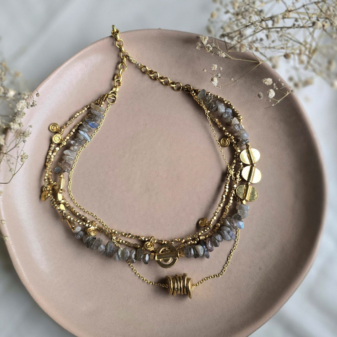 Handmade Labradorite Layered Brass Short Necklace