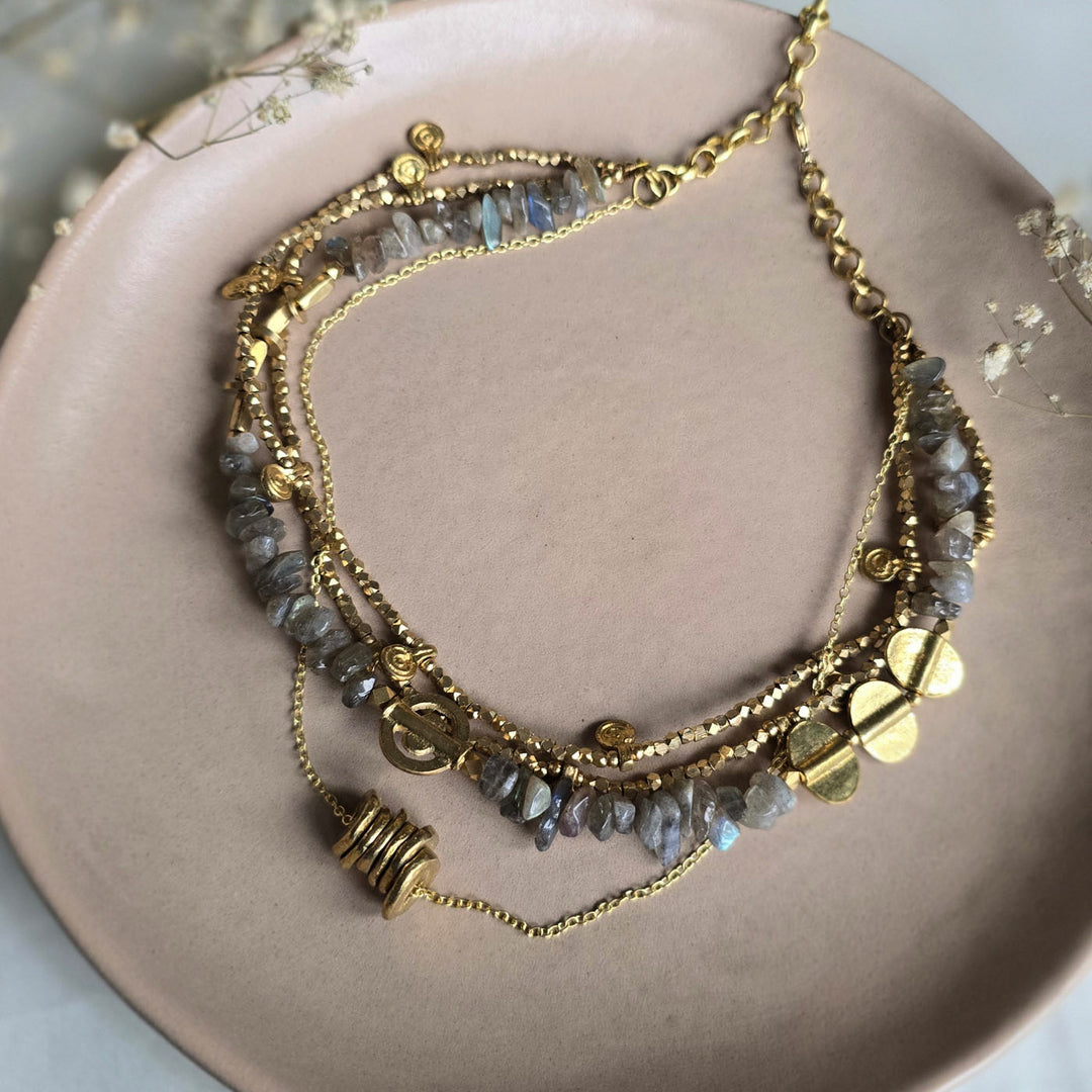 Handmade Labradorite Layered Brass Short Necklace