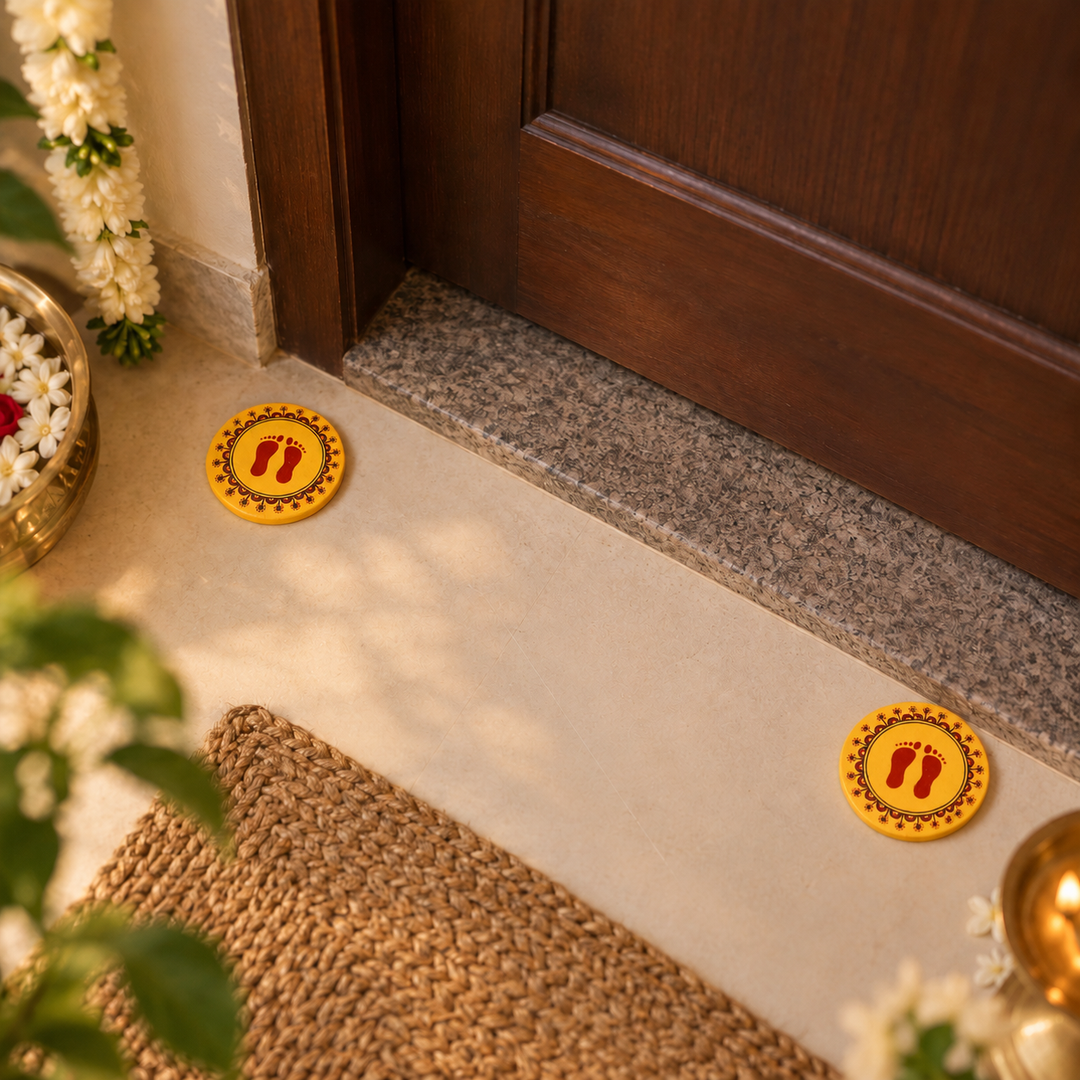 Hand-Painted Multi-purpose Sun Design Laxmi Charan Terracotta Rangoli - Yellow