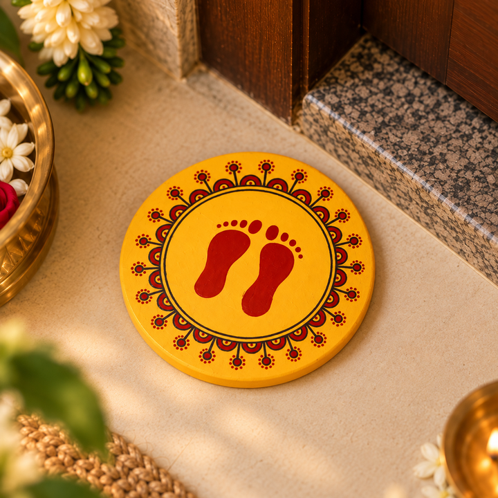 Hand-Painted Multi-purpose Sun Design Laxmi Charan Terracotta Rangoli - Yellow