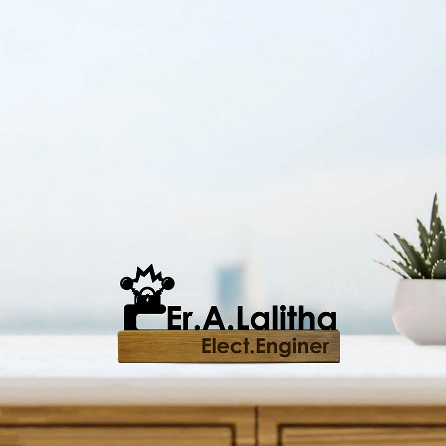 Personalized Minimal Desk Name Plate For Electrical Engineer - Front View on Desk Display