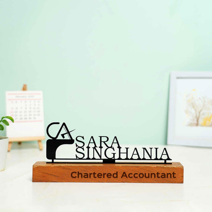 Personalized Minimal Desk Name Plate For Chartered Accountant - Front View with Name Personalization