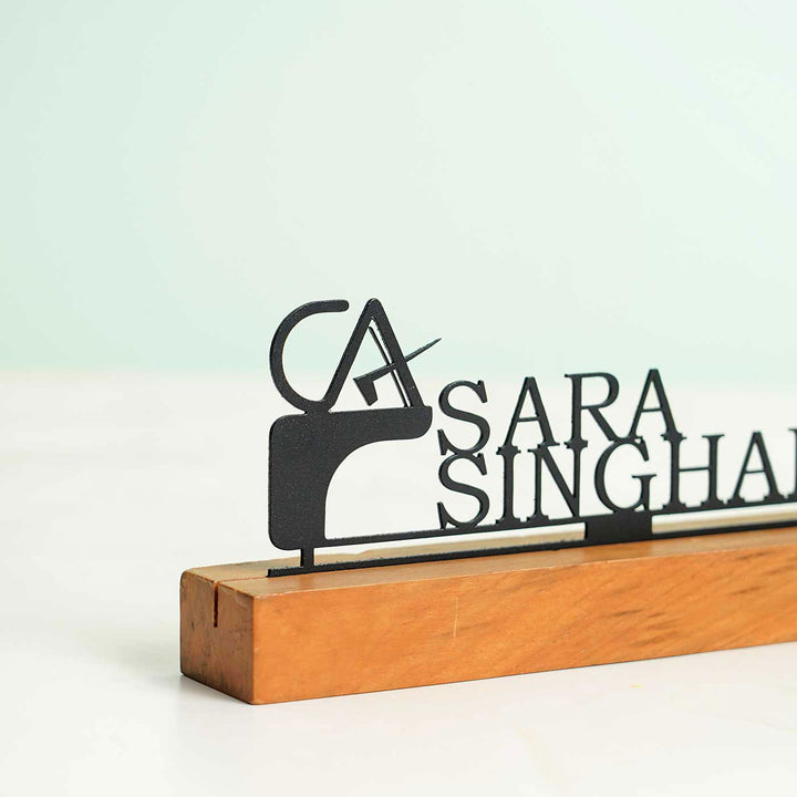 Personalized Minimal Desk Name Plate For Chartered Accountant - Side View Showing Wood Base