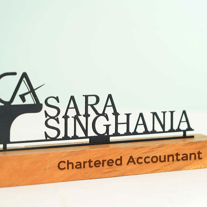 Personalized Minimal Desk Name Plate For Chartered Accountant - Name Personalization Example on Base