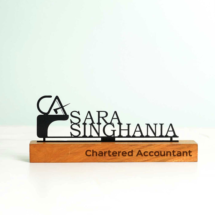 Personalized Minimal Desk Name Plate For Chartered Accountant - Front View on Wooden Base