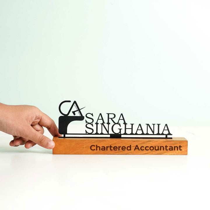 Personalized Minimal Desk Name Plate For Chartered Accountant - Side View with Hand Placement