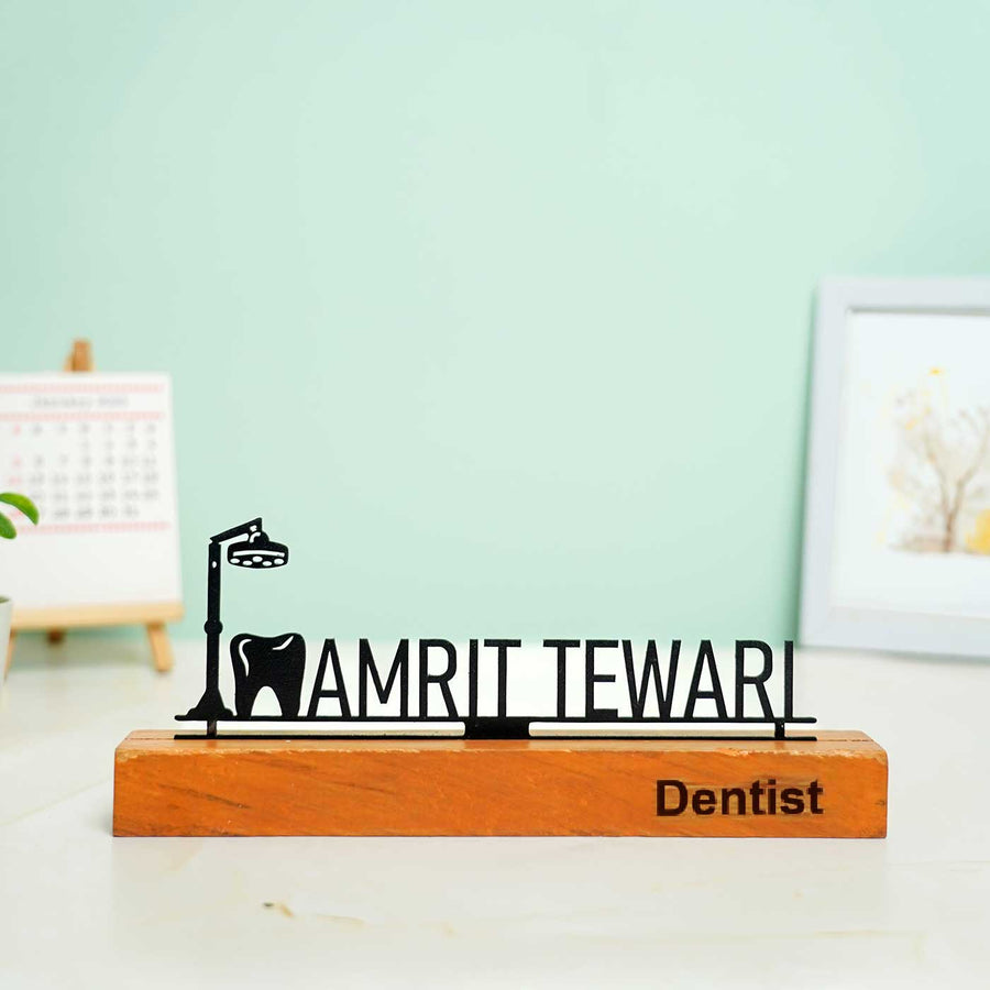 Personalized Minimal Desk Name Plate For Dentists - Front View on Wooden Base