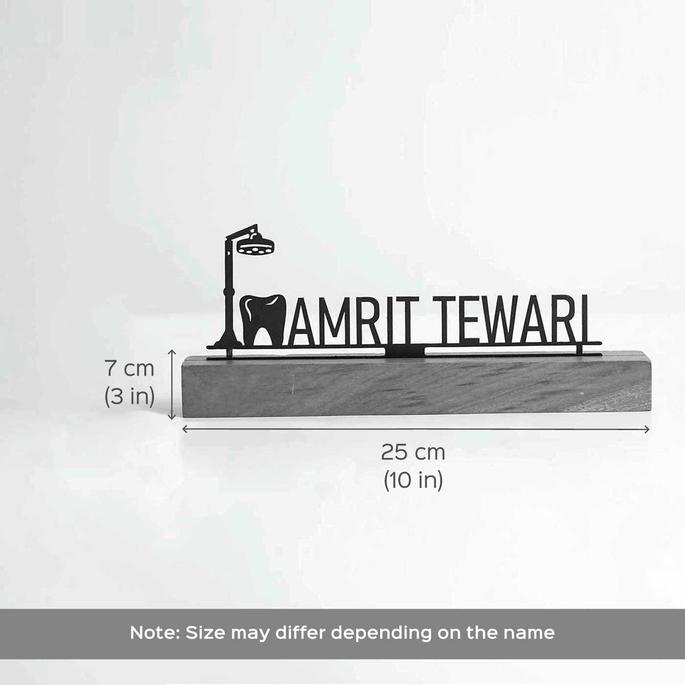 Personalized Minimal Desk Name Plate For Dentists - Dimension Chart with Name Example