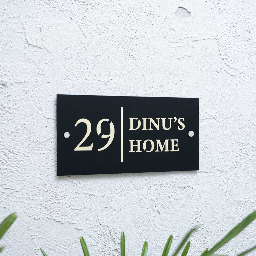 Personalized Weatherproof Black Rectangle Laser Cut Acrylic Name Plate - Mounted on Textured Wall Front View