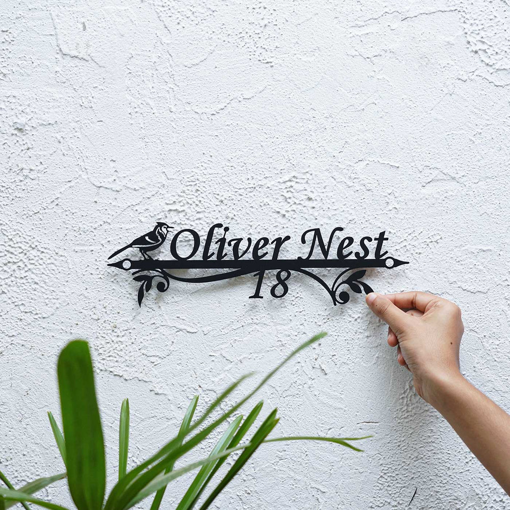 Personalized Weatherproof Bird Themed Metal Name Plate With House Number - Side View with Hand Placement