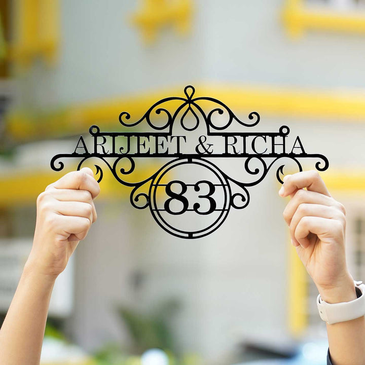 Personalize Ornate Weatherproof Name Plate With House Number - Front View Held by Hands