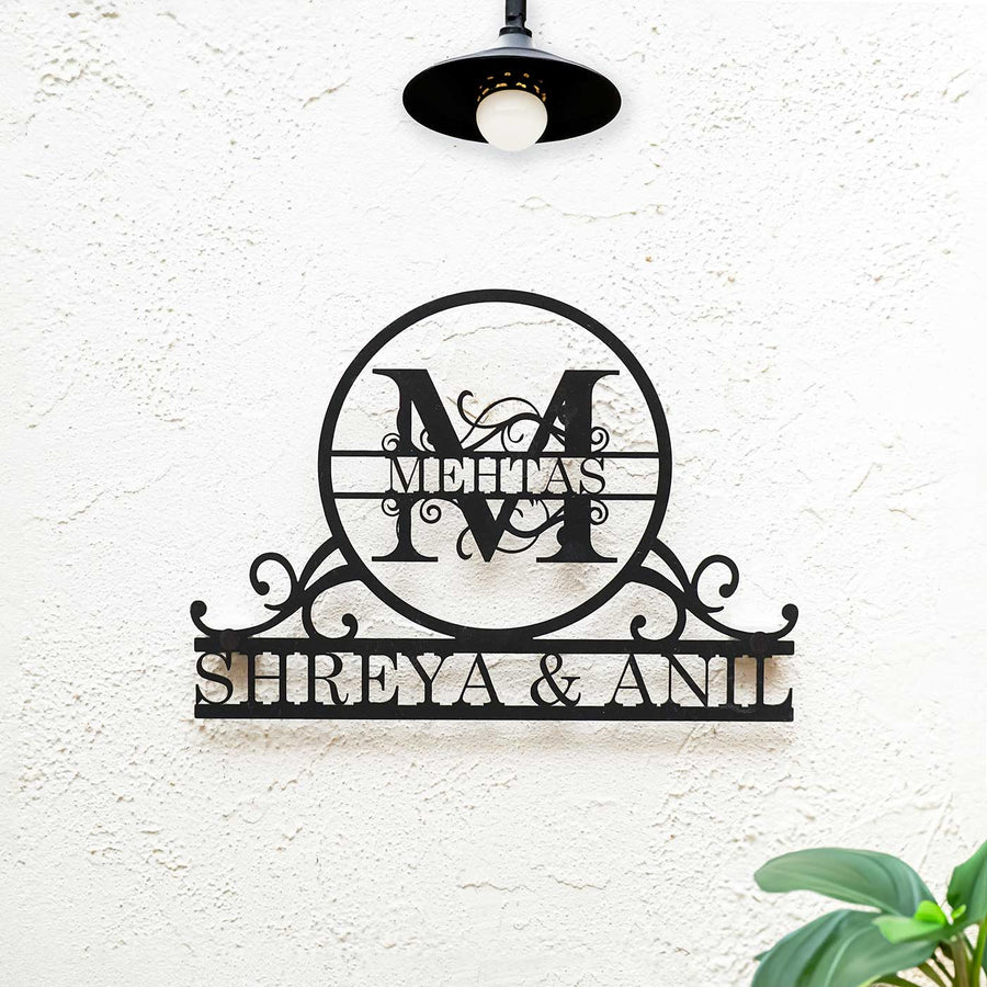 Personalized Ornate Weatherproof Name Plate With Monogram - Mounted on Wall Below Light Fixture
