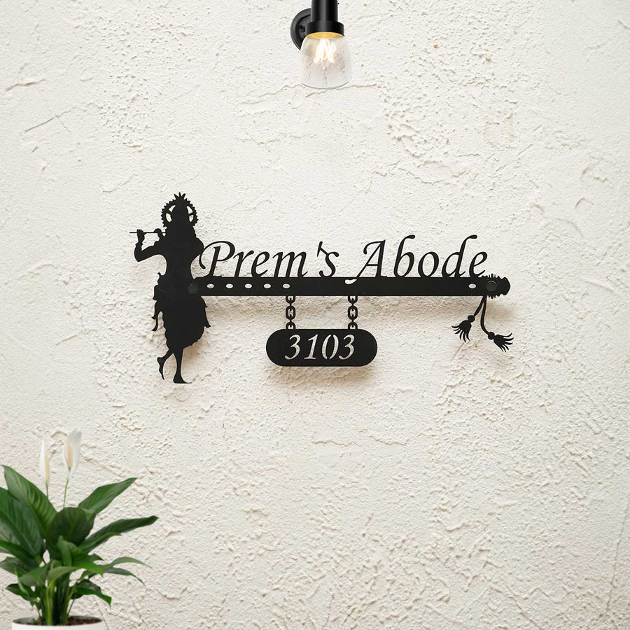 Personalized Krishna Weatherproof Name Plate With House Number - Mounted on Exterior Textured Wall