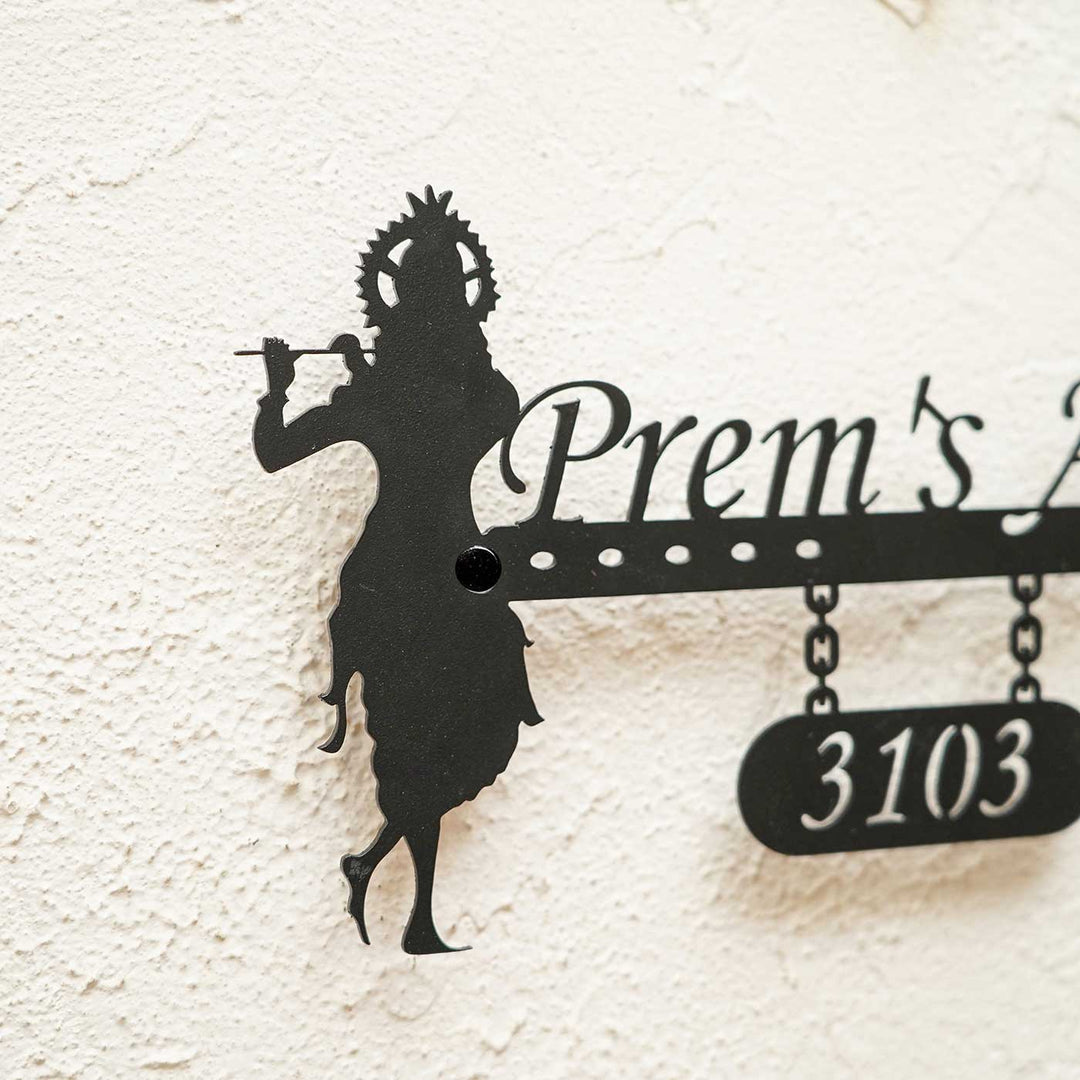 Personalized Krishna Weatherproof Name Plate With House Number - Side View Mounted on Wall