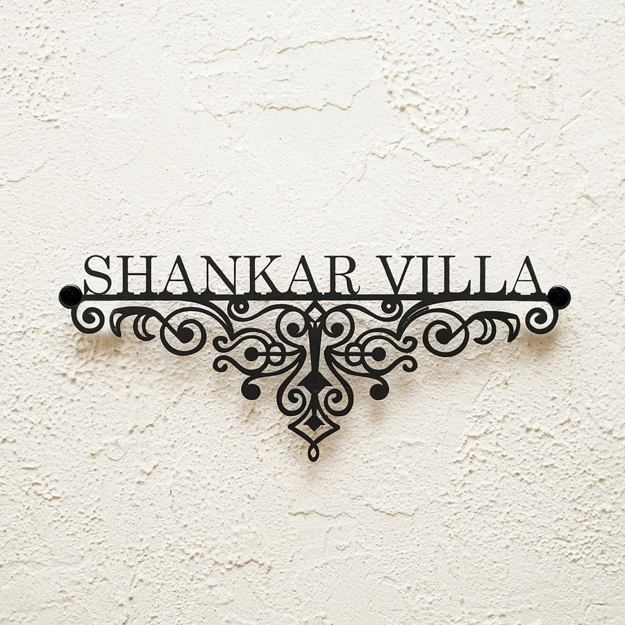 Personalized Ornate Weatherproof Name Plate For Villa - Front View Mounted on Wall