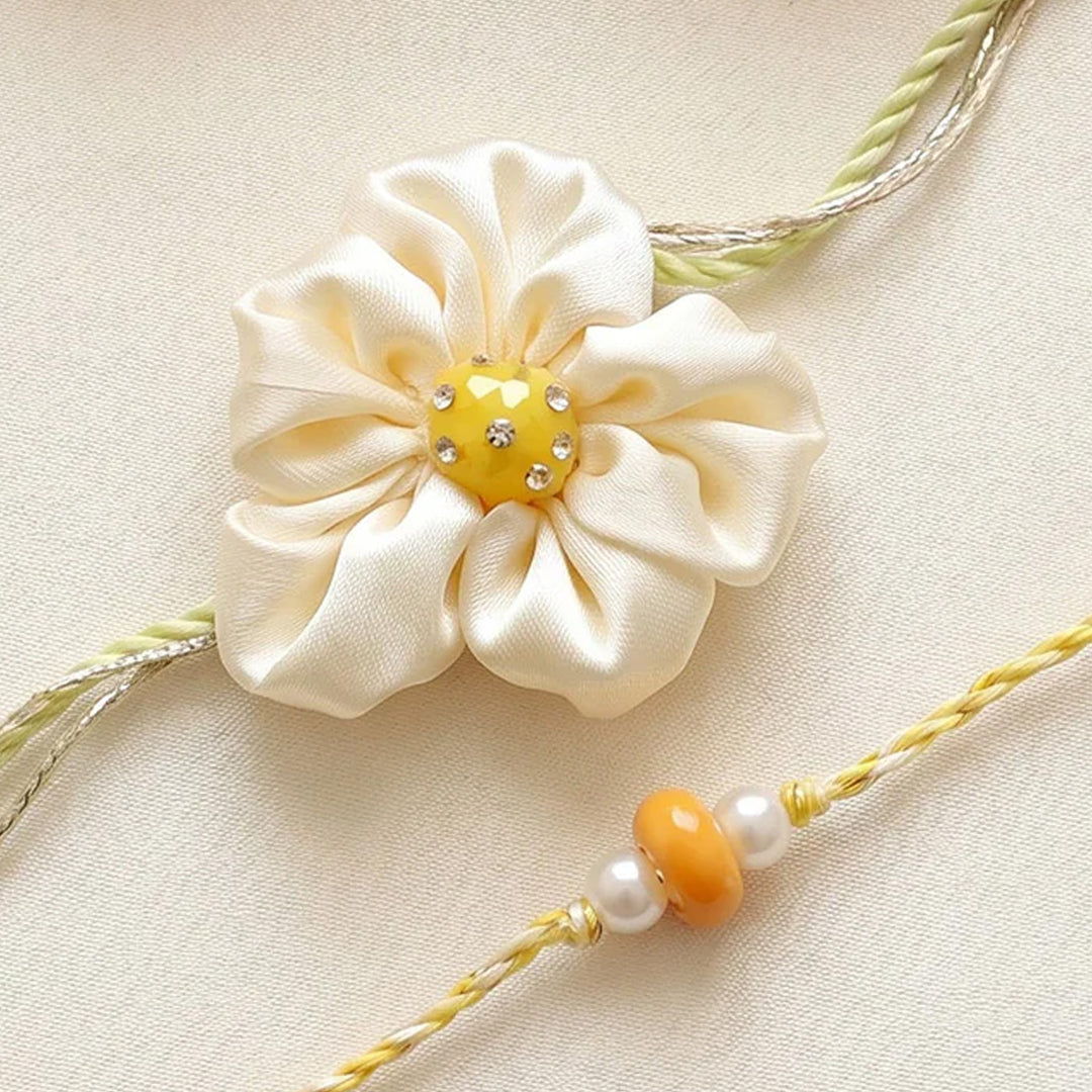 Handmade Daisy Phool Floral Pearl Couple Rakhi Lumba Set With Roli Chawal For Bhaiya Bhabhi
