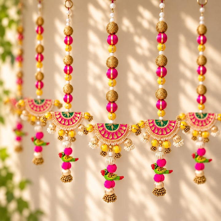 2 Pc | Handmade Peacock Gota Patti Hangings With Zari Balls For Festive Decor