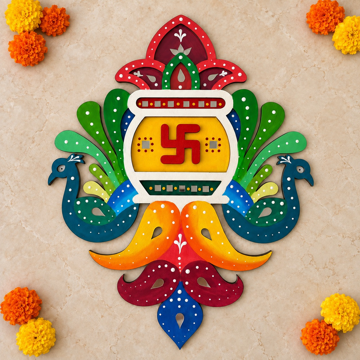 Hand-Painted Shubh Labh Peacock Decorative Rangoli With Mirror Work For Festive Decor