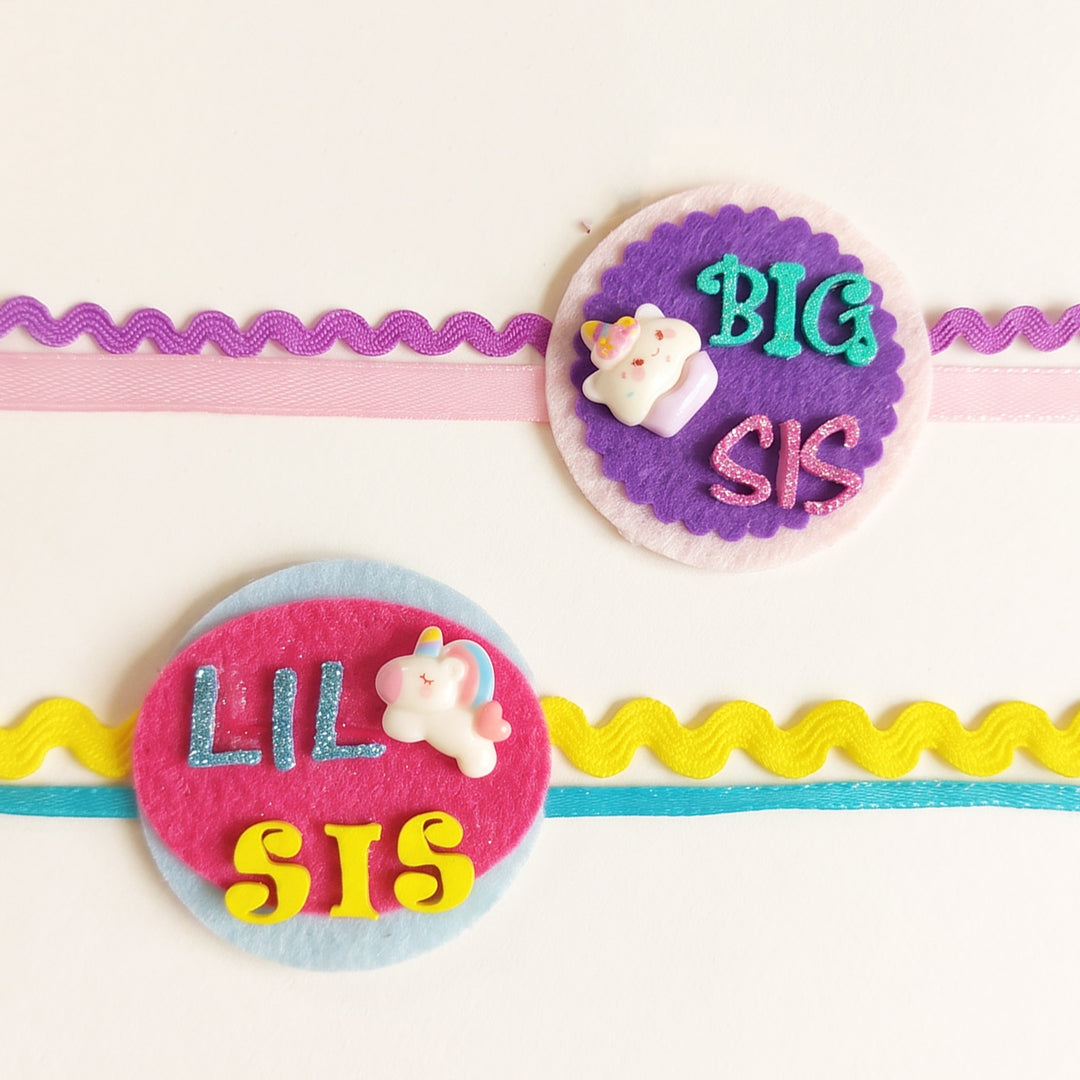 Handmade "Big Sis" & "Lil Sis" Felt Kids Rakhi Combo With Roli Chawal For Sisters | Set Of 2