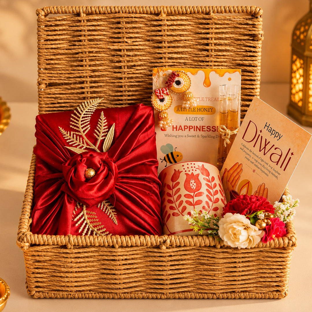 Rustic Ruby Red Jute Basket Diwali Gift Hamper With Red Mug And Shubh Labh Box For Festive Gifting
