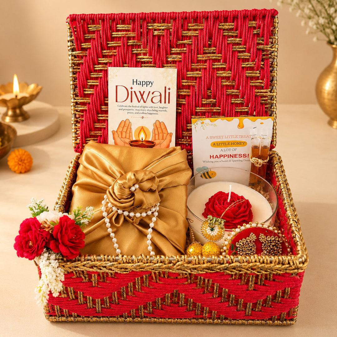 Crimson Bloom Red Basket Diwali Gift Hamper With Red Flower Soy Wax Candle And German Silver Tealight Holder For Festive Gifting