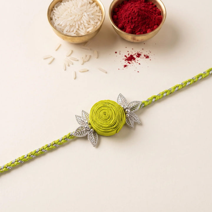 Handmade Rose Bloom Silk Fabric Rakhi For Brother With Roli Chawal