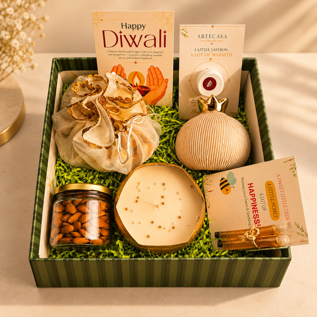 Emerald Festive Harvest Green Diwali Gift Hamper With Toran Potli, Urli Candle And Almonds For Festive Gifting