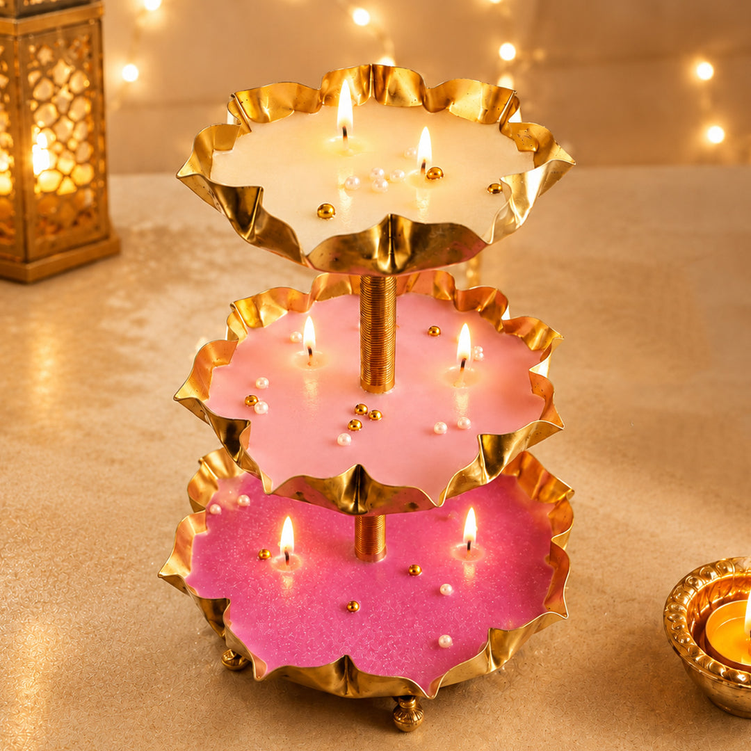 Triple Radiance 3-Tier Gold-Toned Metal Urli Multi-Wick Candle With Pearl Detailing For Festive Decor