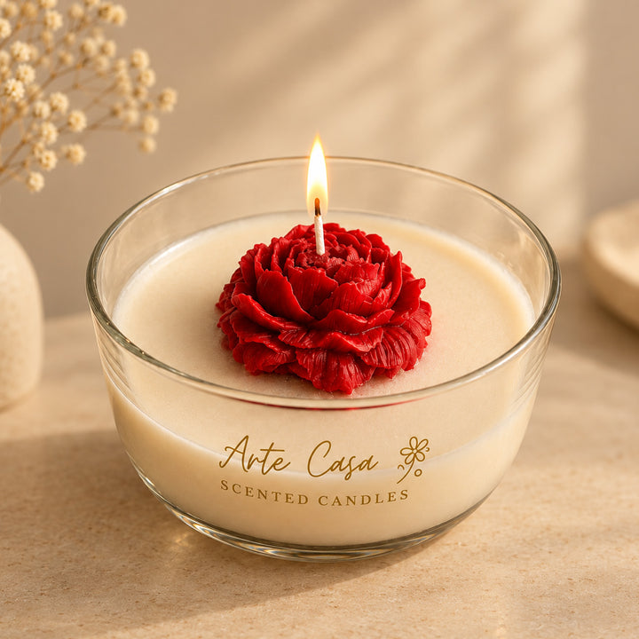 Crimson Rose Round Sculptural Scented Candle With Red Carnation Fragrance For Home Decor
