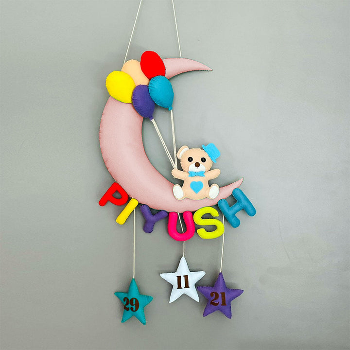 Handmade Teddy On A Moon Kids Felt Name Hanging With Birthdate 1 - Hanging Wall Decoration Front View